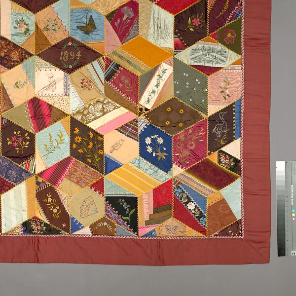 Quilt, Crazy pattern, Clara Louise Roscoe (born 1828), Silk, silk thread, metallic thread, chenille, ink, and oil paint, American