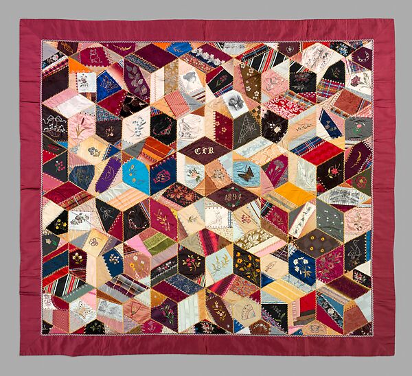 Quilt, Crazy pattern, Clara Louise Roscoe (born 1828), Silk, silk thread, metallic thread, chenille, ink, and oil paint, American 