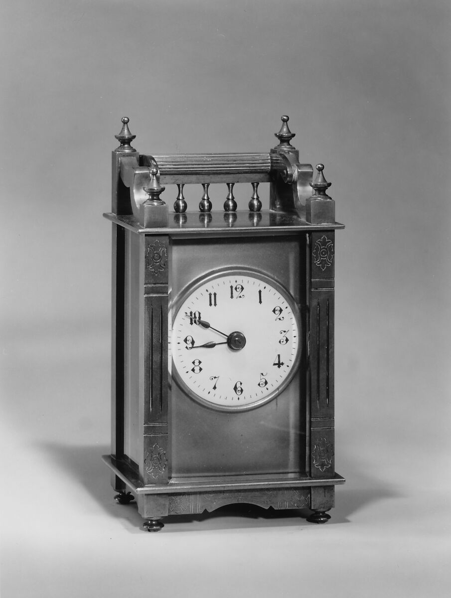 Carriage Clock, Boston Clock Company (1888–1897), Brass, glass, enamel, American