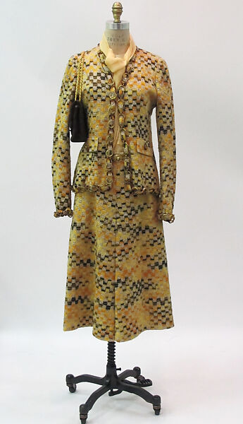 Ensemble, House of Chanel (French, founded 1910), wool, silk, metal, cotton, synthetic, mother-of-pearl, French 