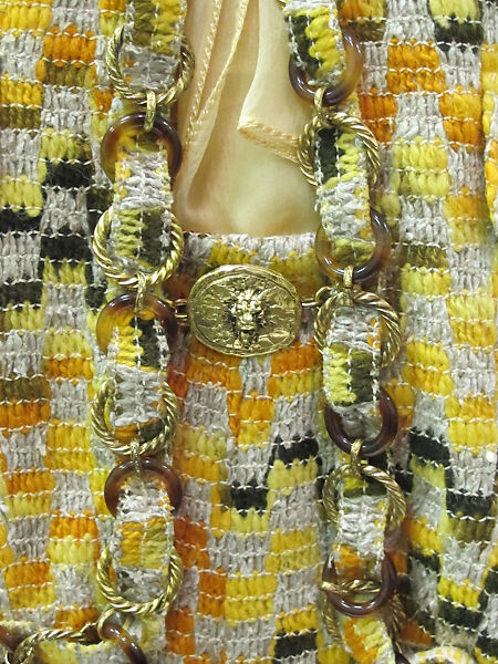 Ensemble, House of Chanel (French, founded 1910), wool, silk, metal, cotton, synthetic, mother-of-pearl, French