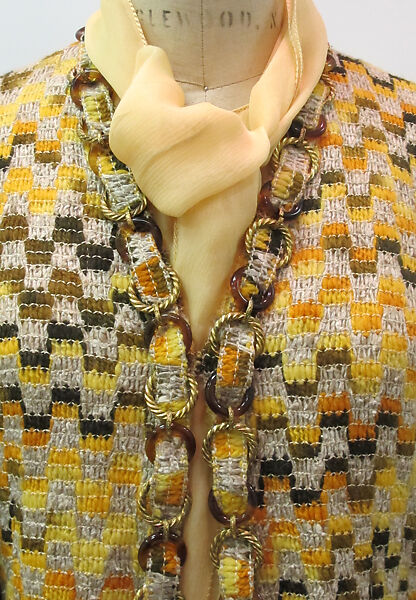 Ensemble, House of Chanel (French, founded 1910), wool, silk, metal, cotton, synthetic, mother-of-pearl, French