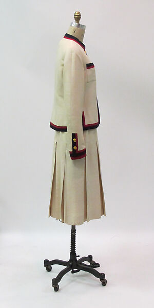 Ensemble, House of Chanel (French, founded 1910), silk, leather, cotton, metal, French