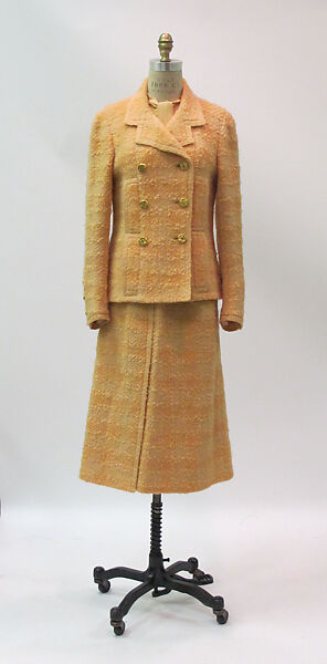 Ensemble, House of Chanel (French, founded 1910), wool, silk, cotton, leather, metal, mother-of-pearl, French 