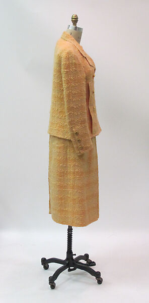 Ensemble, House of Chanel (French, founded 1910), wool, silk, cotton, leather, metal, mother-of-pearl, French