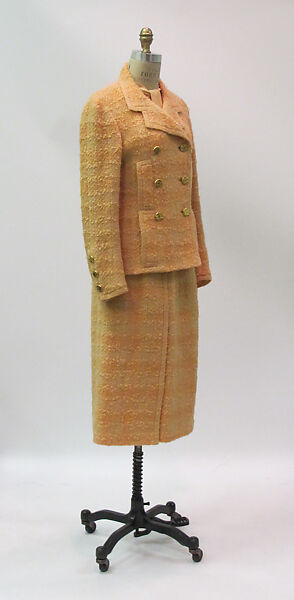 Ensemble, House of Chanel (French, founded 1910), wool, silk, cotton, leather, metal, mother-of-pearl, French