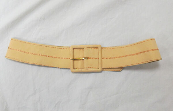 Ensemble, House of Chanel (French, founded 1910), wool, silk, cotton, leather, metal, mother-of-pearl, French