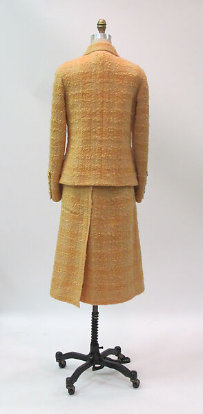 Ensemble, House of Chanel (French, founded 1910), wool, silk, cotton, leather, metal, mother-of-pearl, French