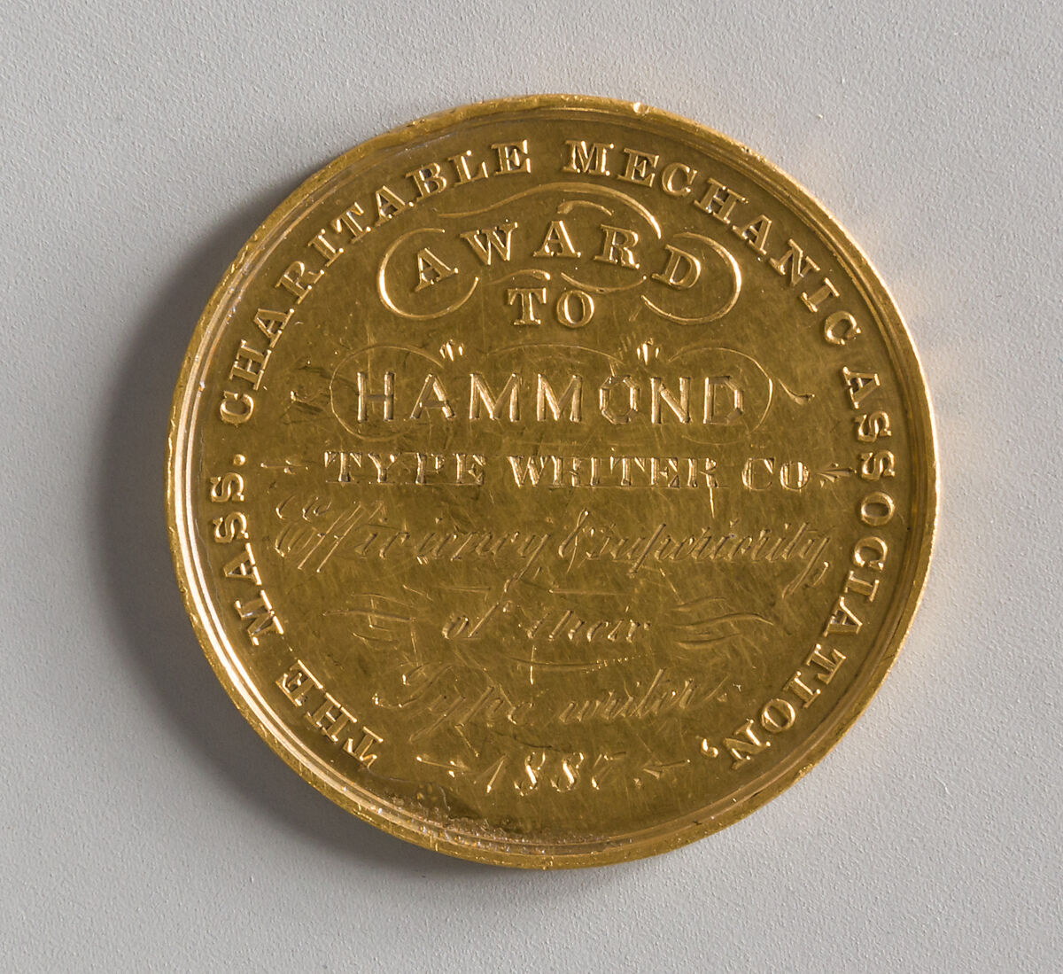 Award to Hammond Typewriter Co., Massachusetts Charitable Mechanic Association, 1887, Christian Gobrecht (1785–1844), Gold (?), American