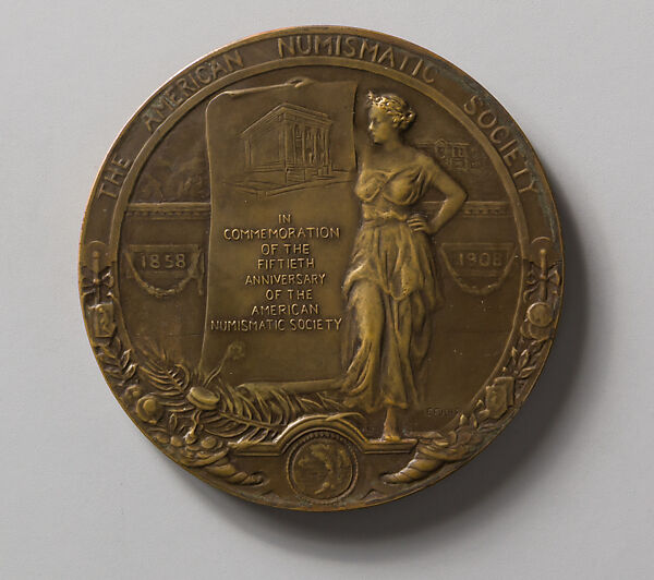 Commemorating the Fiftieth Anniversary of the American Numismatic Society, Emil Fuchs (American, Vienna 1866–1929 New York), Bronze, American 