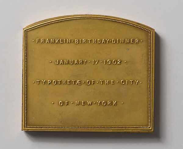 Franklin Birthday Dinner of the Typothetae of New York, Victor David Brenner (American, born Šiauliai, Lithuania (Shavli, Russian Empire) 1871–1924 New York), Bronze and gold leaf, American