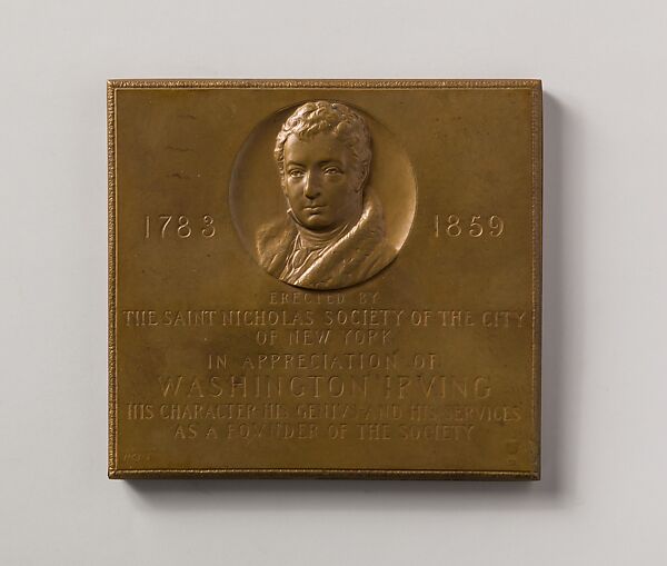 Memorial Tablet of Washington Irving, Victor David Brenner (American, born Šiauliai, Lithuania (Shavli, Russian Empire) 1871–1924 New York), Bronze, American 