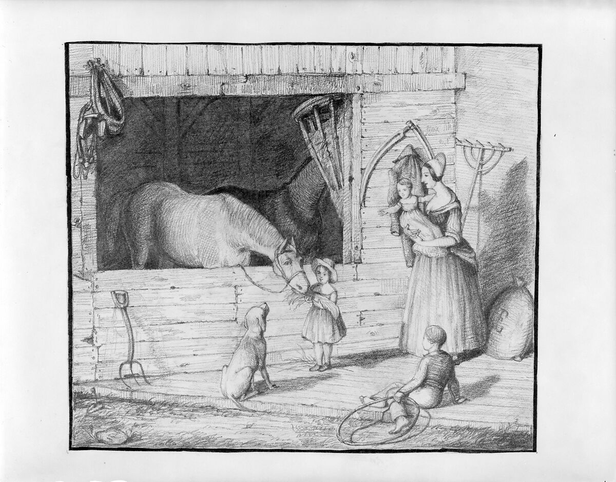 Mother and Children in a Stable (from Hosack Album), David Hosack (American, New York 1769–1835 New York), Graphite on off-white wove paper, American 