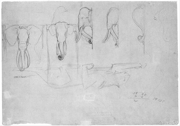 Schematic Sketches of Elephants for Bronx Zoo Elephant House, Charles R. Knight (American, 1874–1953), Graphite on blue paper, American