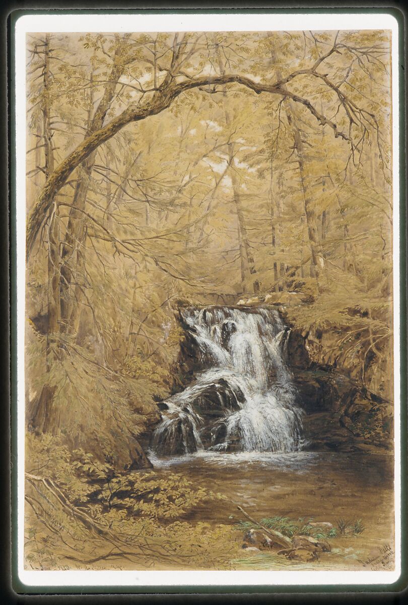 Indian Falls, Indian Brook, Cold Springs, New York, William Rickarby Miller (American (born England), Staindrop 1818–1893 Bronx, New York), Watercolor, pen and ink, graphite, gouache, and gum arabic on tan wove paper, American