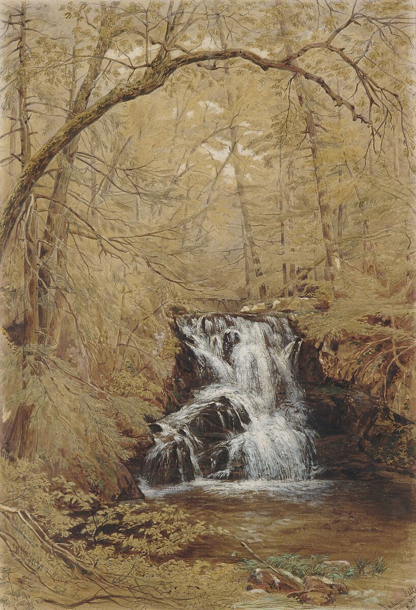 Indian Falls, Indian Brook, Cold Springs, New York, William Rickarby Miller (American (born England), Staindrop 1818–1893 Bronx, New York), Watercolor, pen and ink, graphite, gouache, and gum arabic on tan wove paper, American 
