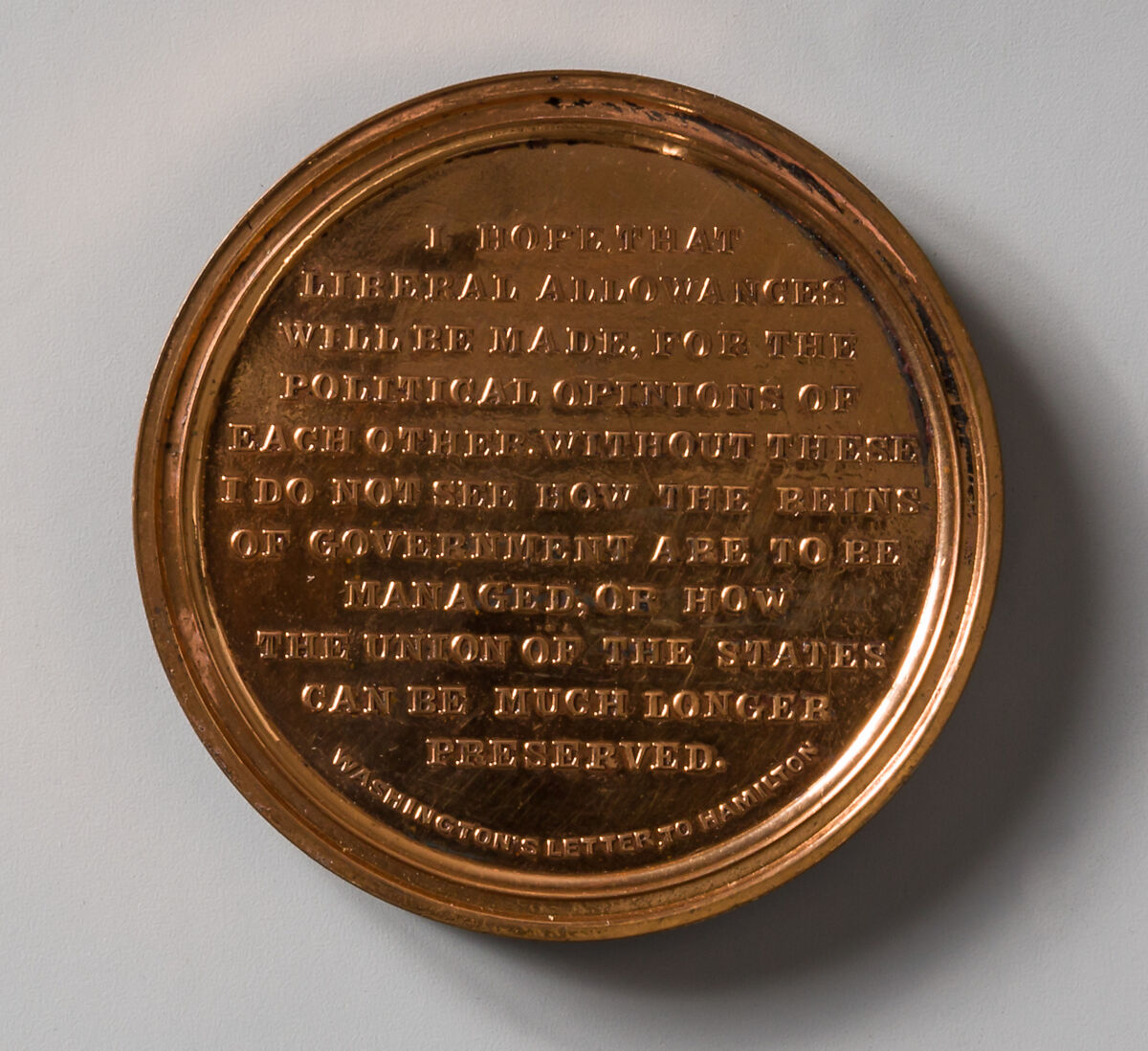 Washington to Hamilton on Political Forbearance, John A. Bolen (1826–1906), Bronze, gilt, American