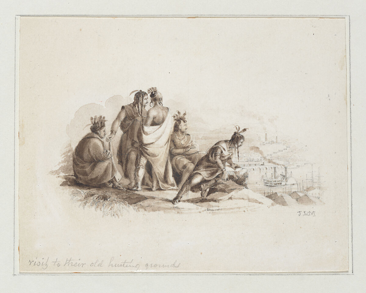 Visit to Their Old Hunting Grounds (from Hosack Album), John Ludlow Morton (1792–1871), Pen and brown ink, ink washes, and graphite on off-white Bristol board, American 