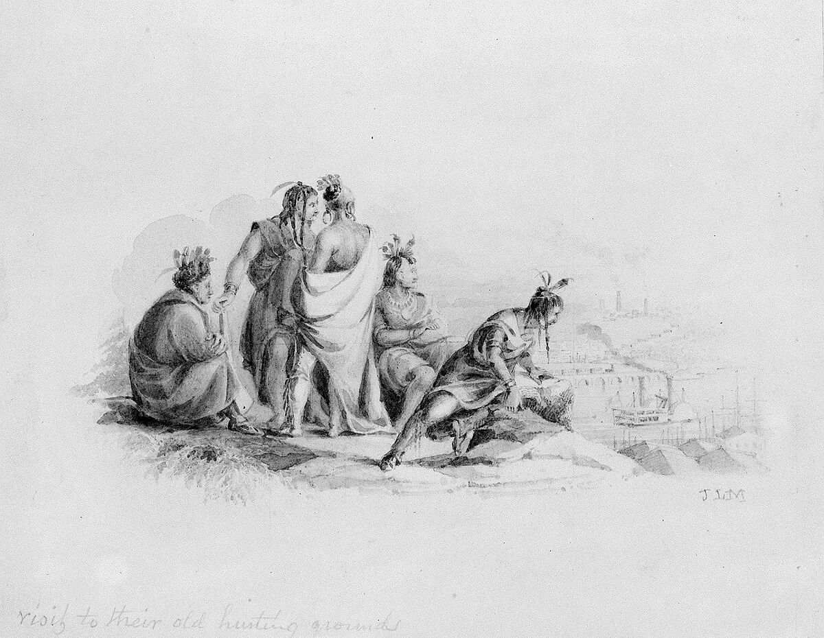 Visit to Their Old Hunting Grounds (from Hosack Album), John Ludlow Morton (1792–1871), Pen and brown ink, ink washes, and graphite on off-white Bristol board, American