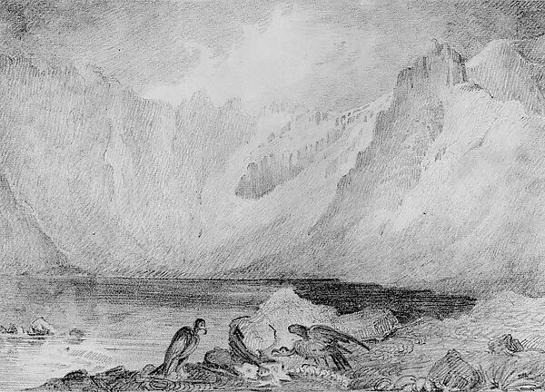 Sublime Landscape with Mountains, Lake, and Carrion Birds (from Hosack Album), Graphite on white wove paper, American 