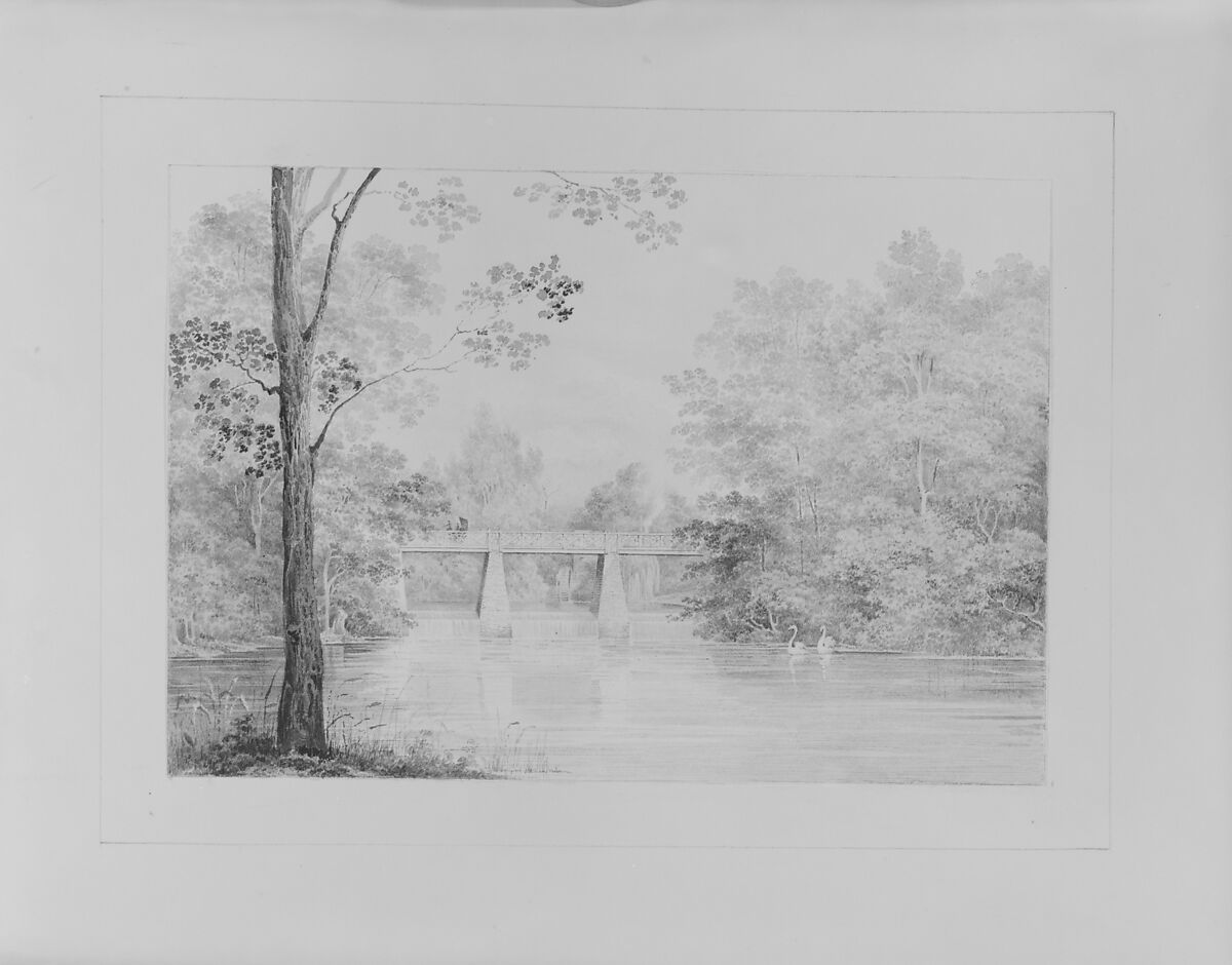 Bridge over Crumelbow Creek, David Hosack Estate, Hyde Park, New York (from Hosack Album), Thomas Kelah Wharton (American (born England), Hull 1814–1862 New Orleans, Louisiana), Watercolor on off-white wove paper, American