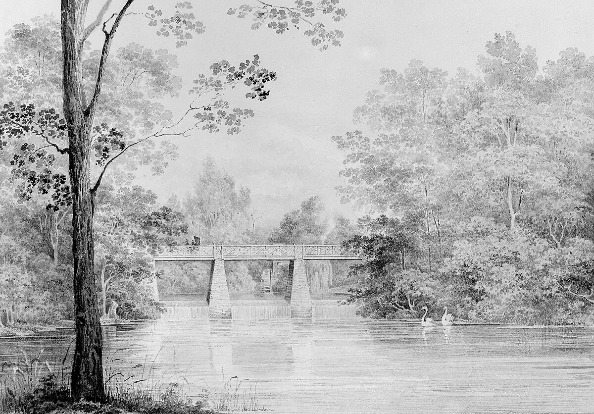 Bridge over Crumelbow Creek, David Hosack Estate, Hyde Park, New York (from Hosack Album), Thomas Kelah Wharton (American (born England), Hull 1814–1862 New Orleans, Louisiana), Watercolor on off-white wove paper, American 