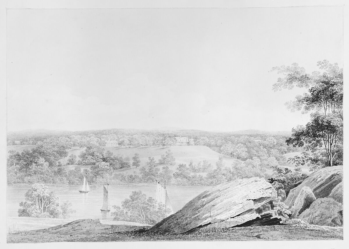 View of the David Hosack Estate at Hyde Park, New York, from Western Bank of the Hudson River (from Hosack Album), Thomas Kelah Wharton (American (born England), Hull 1814–1862 New Orleans, Louisiana), Black ink (or watercolor) applied with pen and brush on off-white wove paper, American