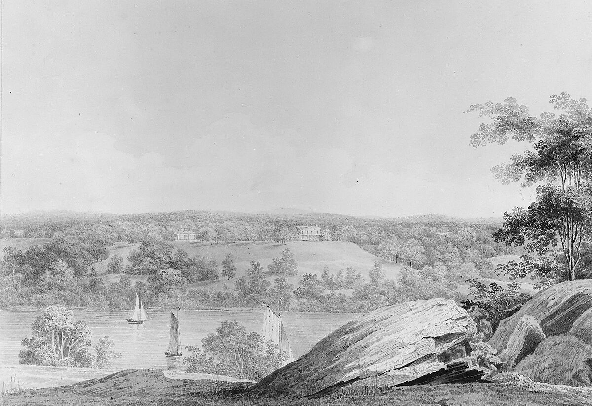 View of the David Hosack Estate at Hyde Park, New York, from Western Bank of the Hudson River (from Hosack Album), Thomas Kelah Wharton (American (born England), Hull 1814–1862 New Orleans, Louisiana), Black ink (or watercolor) applied with pen and brush on off-white wove paper, American 