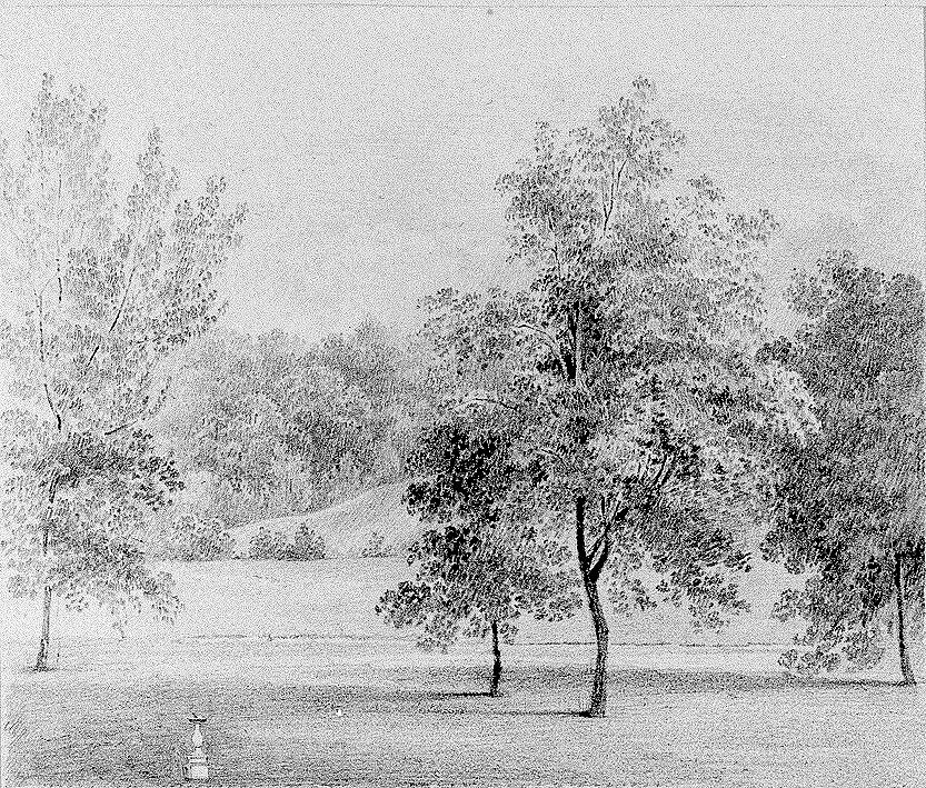 View of David Hosack Estate, Hyde Park, New York, with a Sundial (from Hosack Album), Thomas Kelah Wharton (American (born England), Hull 1814–1862 New Orleans, Louisiana), Graphite on white wove Bristol board, American 