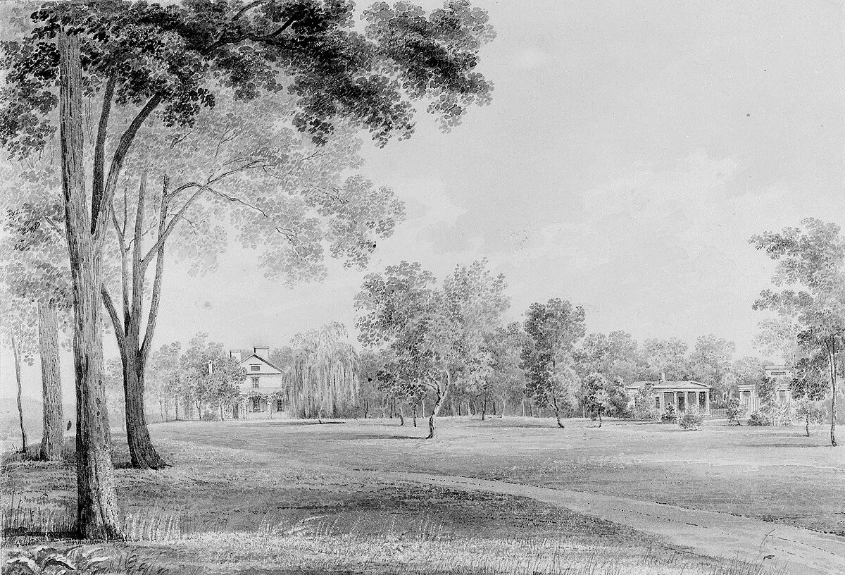 View of the David Hosack Estate, Hyde Park, New York, from the South (from Hosack Album), Thomas Kelah Wharton (American (born England), Hull 1814–1862 New Orleans, Louisiana), Black ink (or watercolor) applied with pen and brush and sgraffito on off-white wove paper, American 