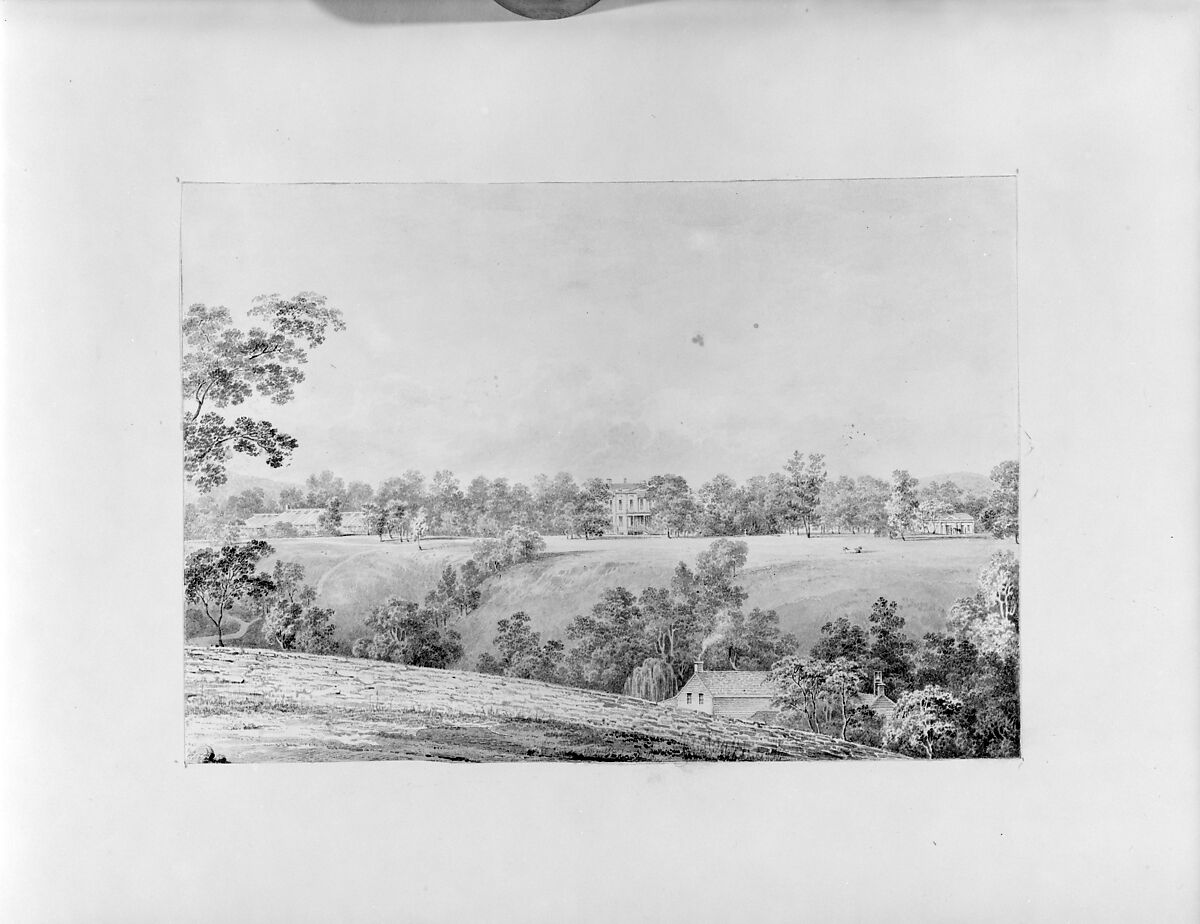 View of David Hosack Estate, Hyde Park, New York, from the East (from Hosack Album), Thomas Kelah Wharton (American (born England), Hull 1814–1862 New Orleans, Louisiana), Black ink (or watercolor) applied with pen and brush on off-white wove paper, American