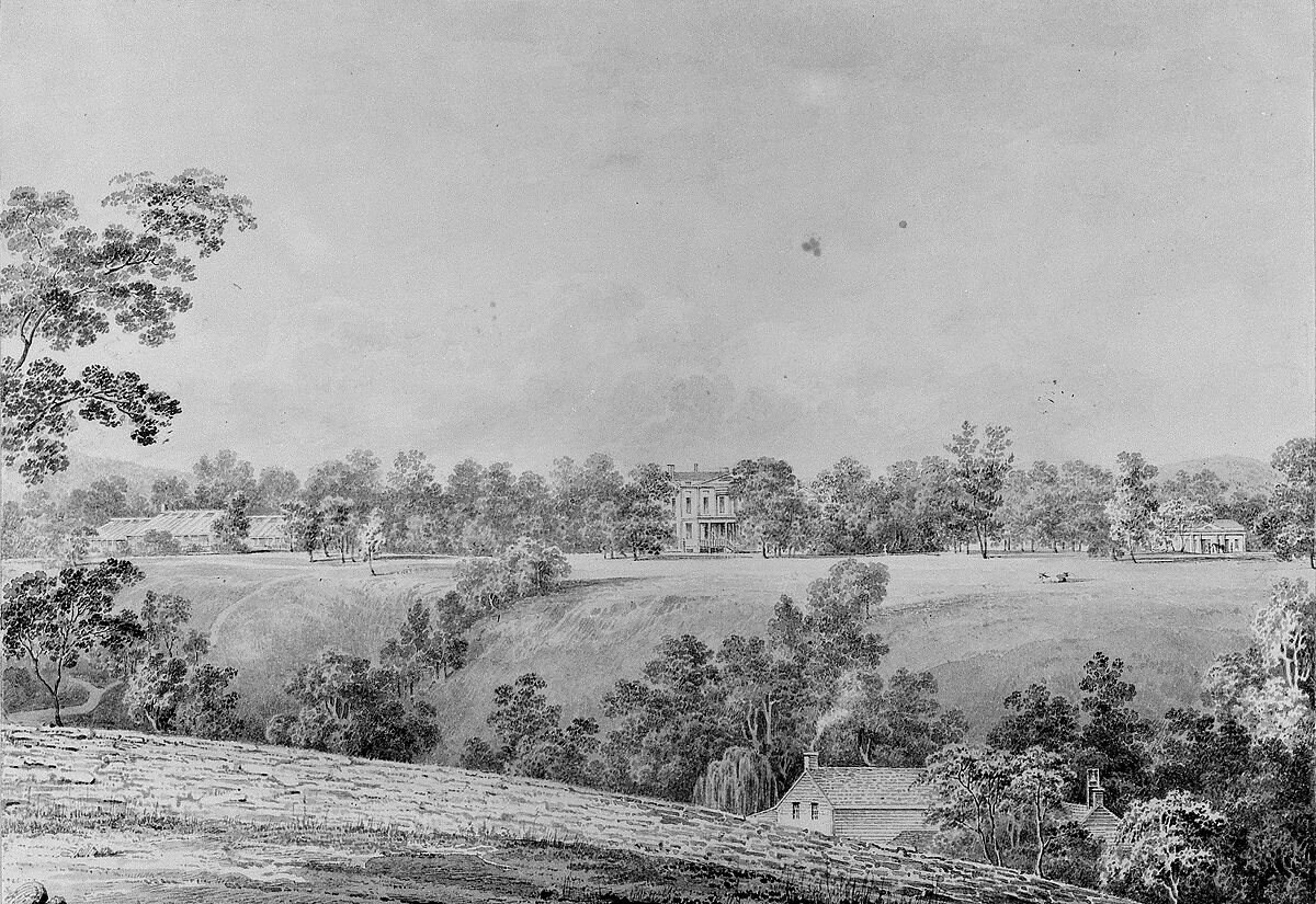 View of David Hosack Estate, Hyde Park, New York, from the East (from Hosack Album), Thomas Kelah Wharton (American (born England), Hull 1814–1862 New Orleans, Louisiana), Black ink (or watercolor) applied with pen and brush on off-white wove paper, American 