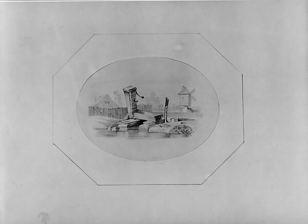 Village Scene with Water Pump and Trough (from Hosack Album), Graphite on off-white Bristol board, American
