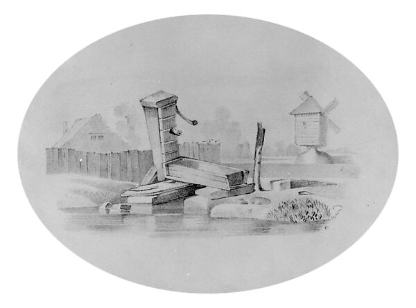 Village Scene with Water Pump and Trough (from Hosack Album), Graphite on off-white Bristol board, American 