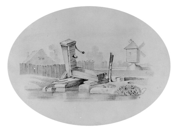 Village Scene with Water Pump and Trough (from Hosack Album), Graphite on off-white Bristol board, American 