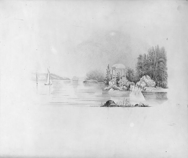 River [Lake?] Scene with Gazebo [David Hosack Estate?] (from Hosack Album), Graphite on off-white wove paper, American 