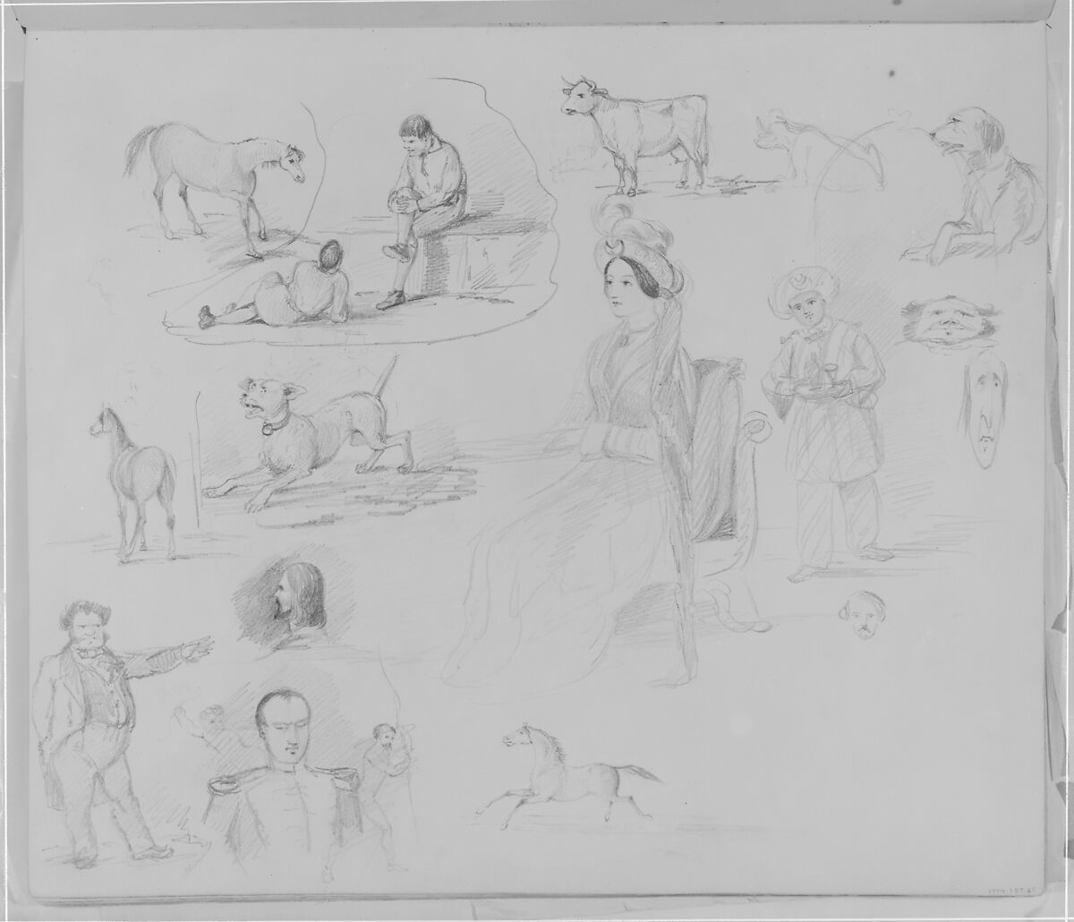 Figures and Animals Sketches (from Hosack Album), Graphite on white wove paper, American