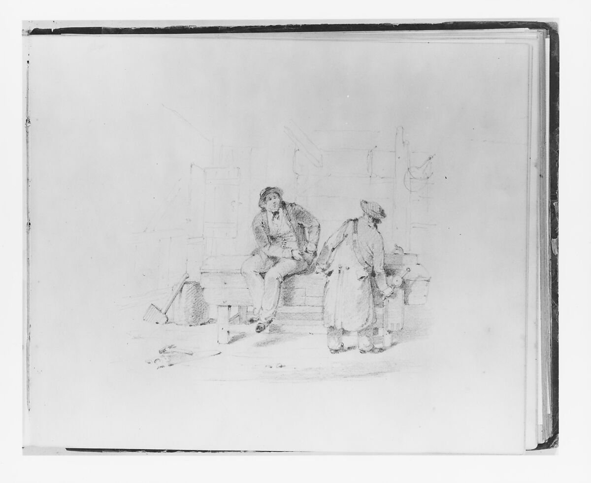 Two Men on a Workbench with a Vice (from Sketchbook), Francis William Edmonds (American, Hudson, New York 1806–1863 Bronxville, New York), Graphite on off-white wove paper, American 