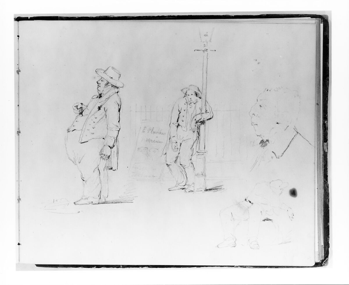 Four Figure Studies: Profile of a Rotund Man; Man Leaning on Lamp Post; Profile of a Man (from Sketchbook), Francis William Edmonds (American, Hudson, New York 1806–1863 Bronxville, New York), Graphite on off-white wove paper a Lamp Post; Profile of a Man; Seated Man Turning, American 