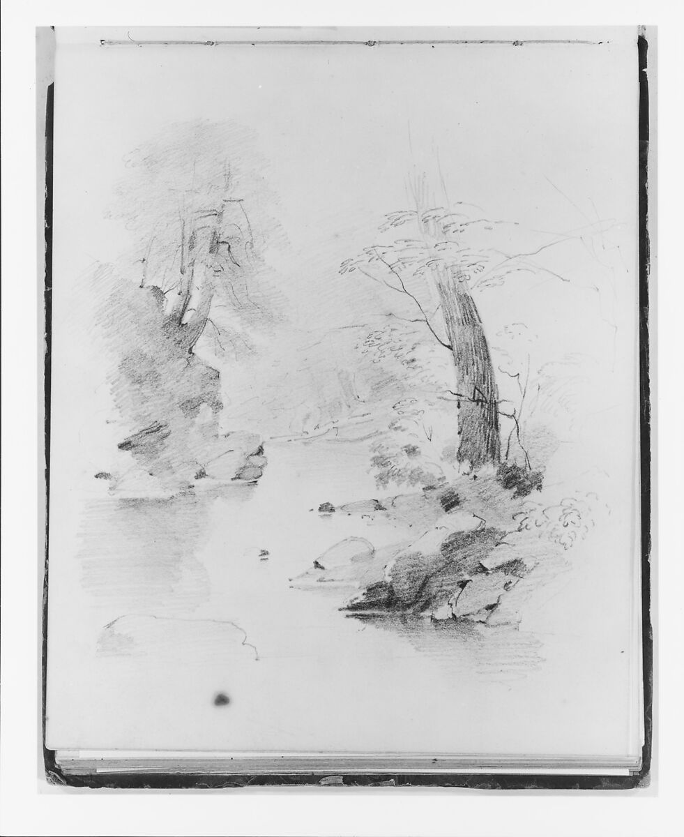 Landscape with Trees Framing a Stream (from Sketchbook), Francis William Edmonds (American, Hudson, New York 1806–1863 Bronxville, New York), Graphite on off-white wove paper, American 