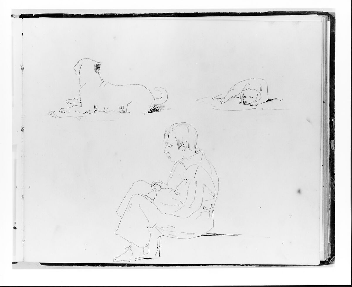 Two Dogs and a Boy Seated (from Sketchbook), Francis William Edmonds (American, Hudson, New York 1806–1863 Bronxville, New York), Brown ink, graphite, on off-white wove paper, American 