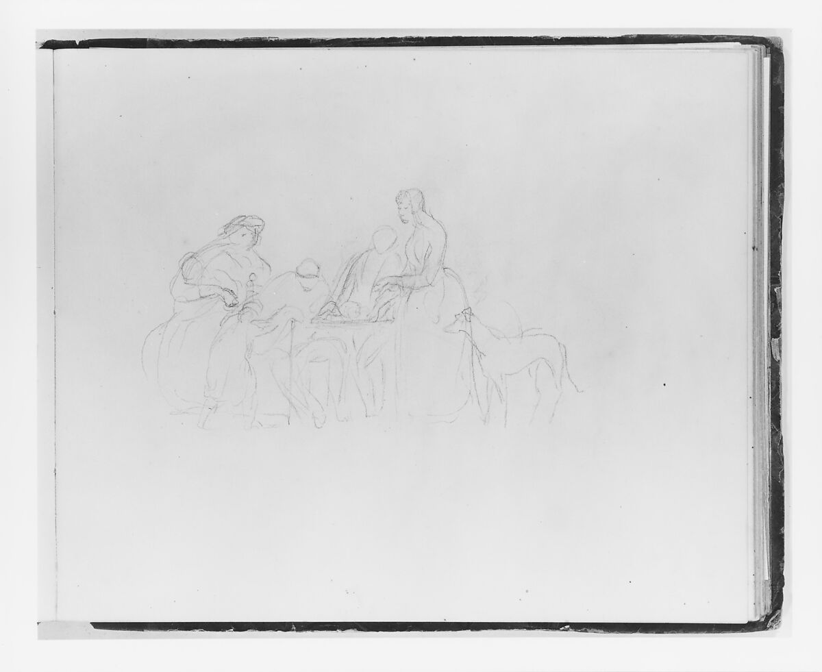 Scene around a Table (from Sketchbook), Francis William Edmonds (American, Hudson, New York 1806–1863 Bronxville, New York), Graphite on off-white wove paper, American 