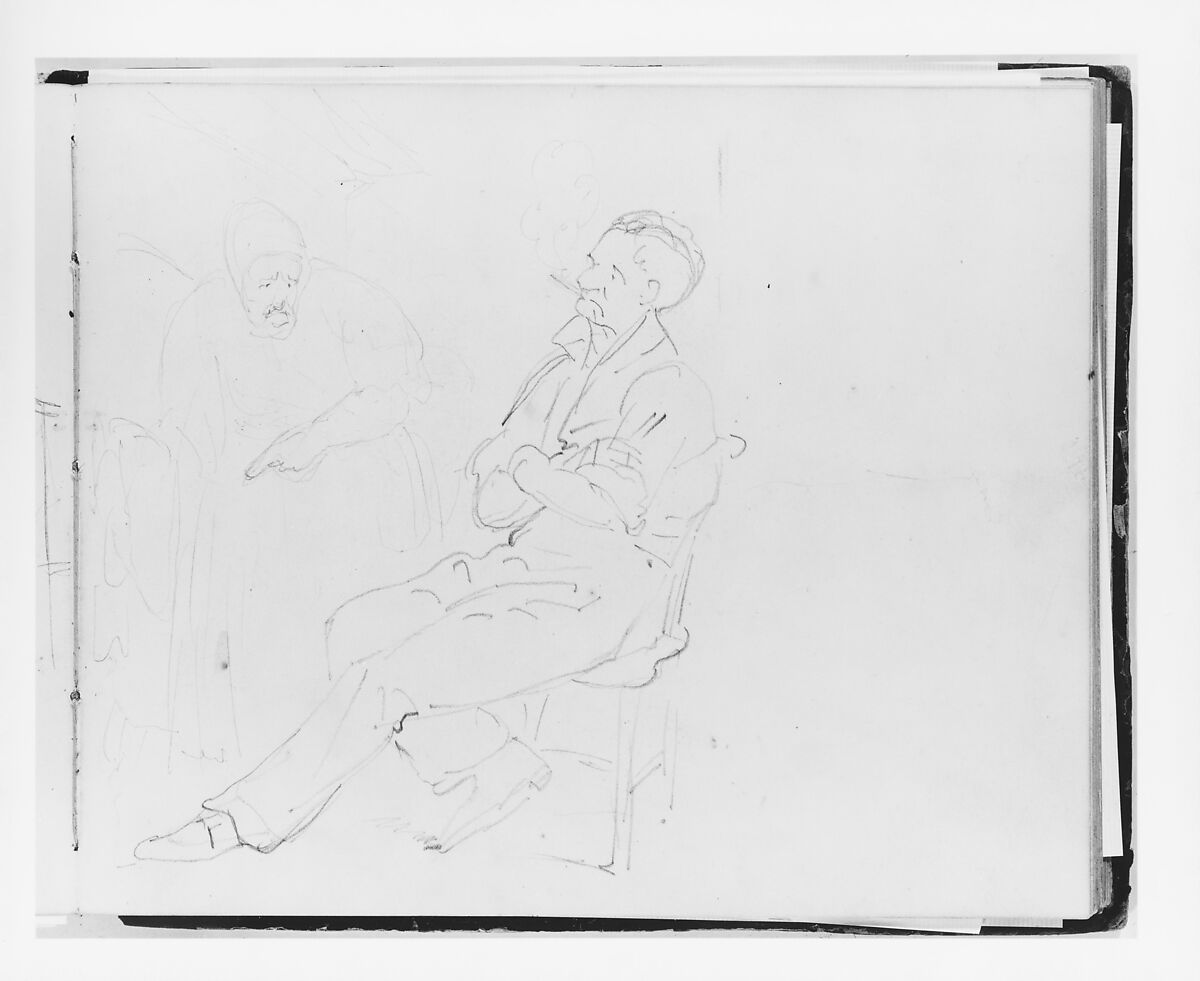 Seated Man Smoking and Woman Pointing (from Sketchbook), Francis William Edmonds (American, Hudson, New York 1806–1863 Bronxville, New York), Graphite on off-white wove paper, American 