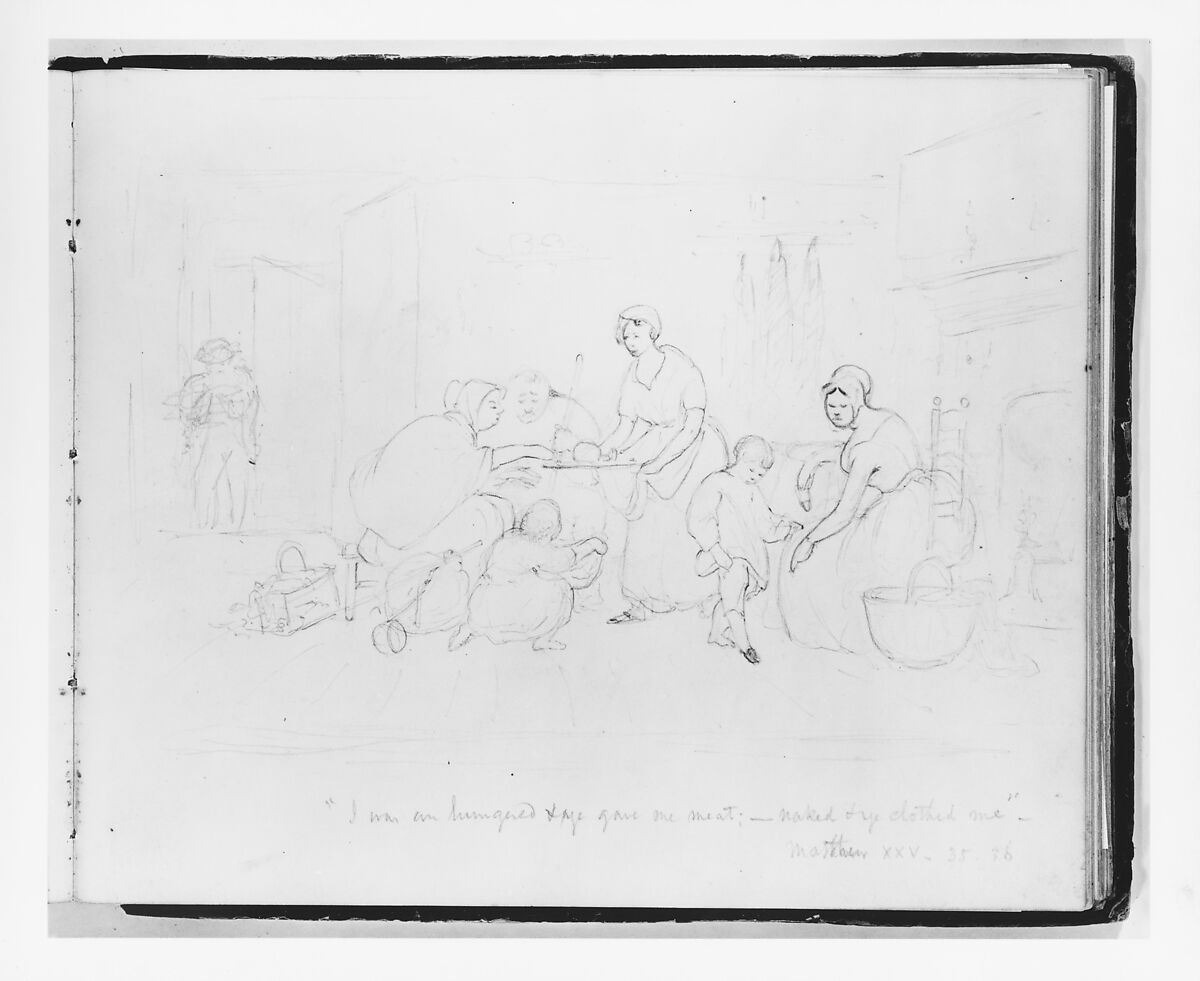 "I was hungered and ye gave me meat; —naked and ye clothed, me." Matthew XXV: 35–36 (from Sketchbook), Francis William Edmonds (American, Hudson, New York 1806–1863 Bronxville, New York), Graphite on off-white wove paper, American 