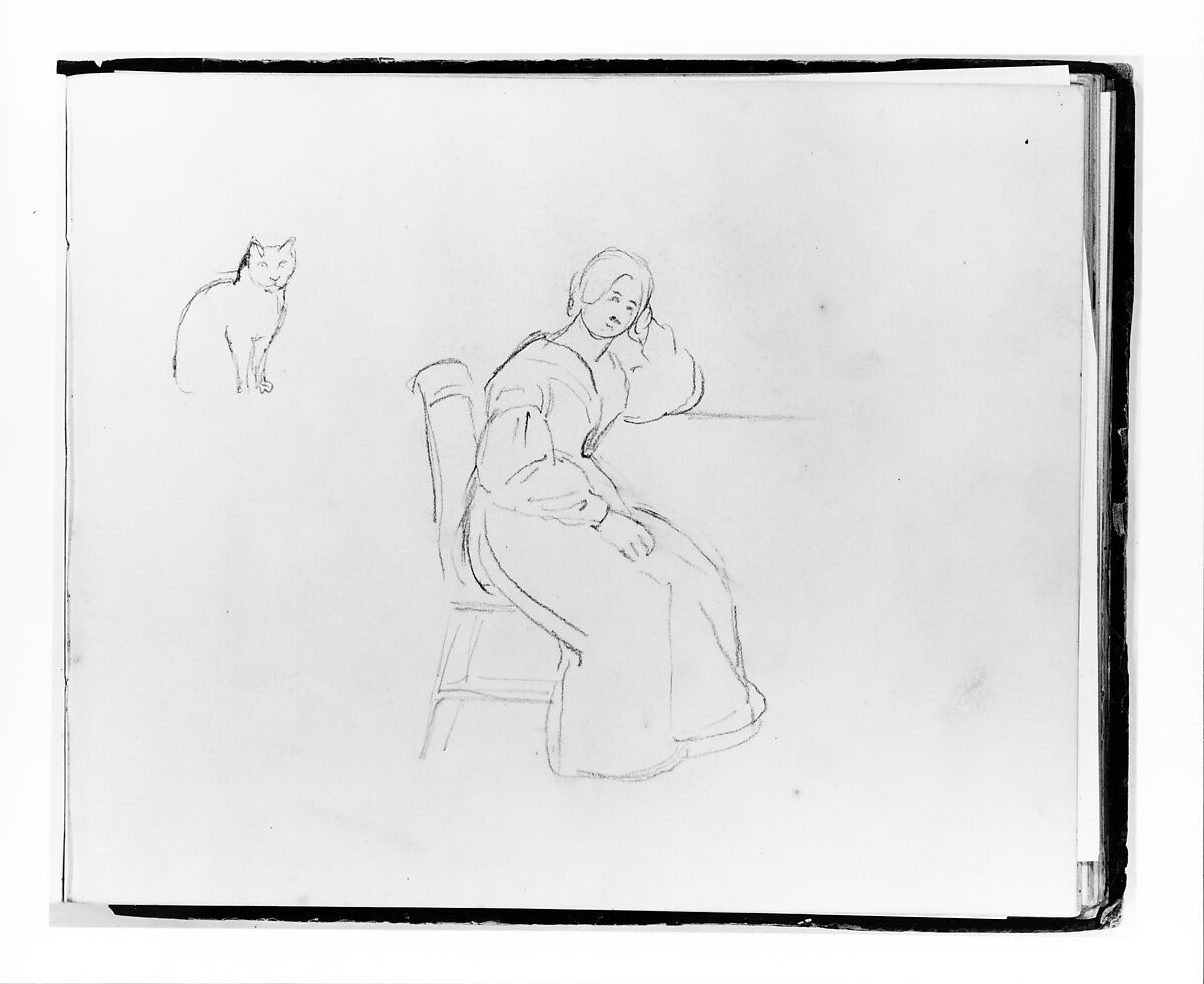 Cat; Seated Woman Leaning on a Table or Ledge (from Sketchbook), Francis William Edmonds (American, Hudson, New York 1806–1863 Bronxville, New York), Graphite on off-white wove paper, American 
