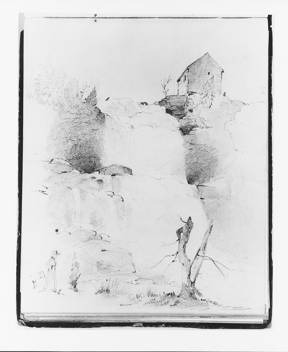 Landscape with Waterfall and Figures (from Sketchbook), Francis William Edmonds (American, Hudson, New York 1806–1863 Bronxville, New York), Graphite on off-white wove paper, American 