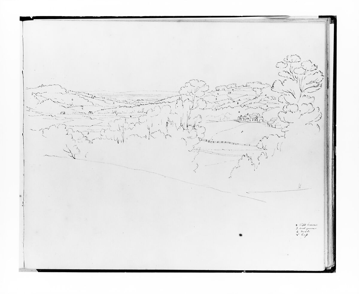 Panoramic Landscape (from Sketchbook), Francis William Edmonds (American, Hudson, New York 1806–1863 Bronxville, New York), Brown ink, graphite, on off-white wove paper, American 