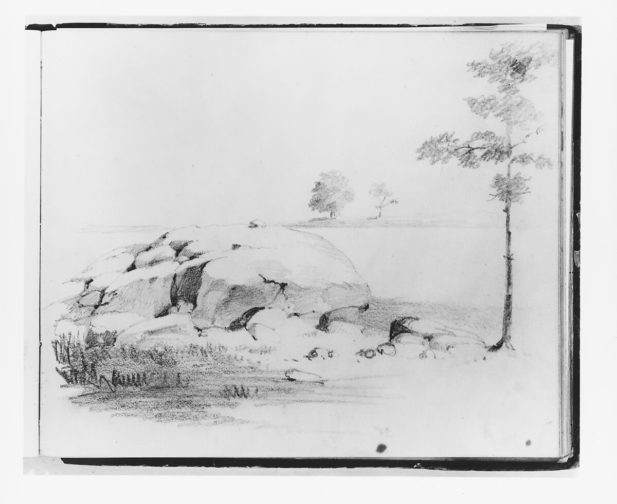 Landscape with Rocks and Trees (from Sketchbook), Francis William Edmonds (American, Hudson, New York 1806–1863 Bronxville, New York), Graphite on off-white wove paper, American 