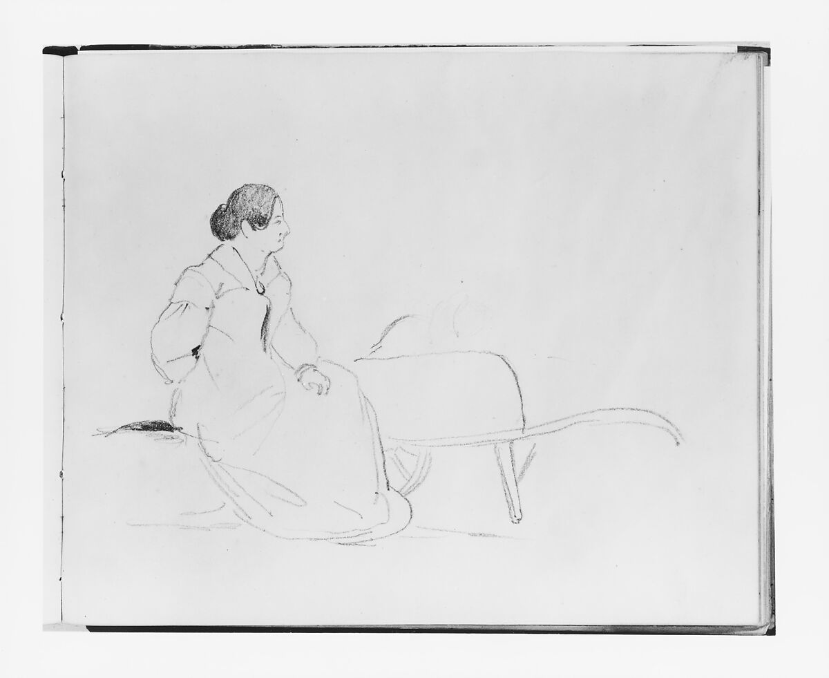 Woman Seated on a Barrel (from Sketchbook), Francis William Edmonds (American, Hudson, New York 1806–1863 Bronxville, New York), Graphite on off-white wove paper, American 