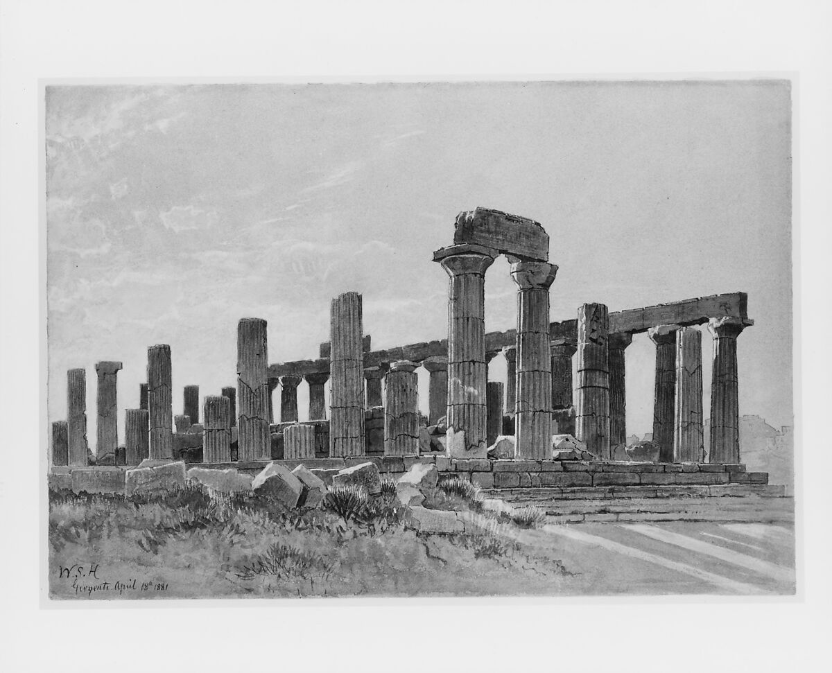 Girgenti (The Temple of Juno Lacinia at Agrigentum), William Stanley Haseltine (American, Philadelphia, Pennsylvania 1835–1900 Rome), Watercolor, gouache, and graphite on blue paper, American